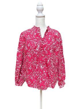 J.Crew Re Imagined Floral Blouse Small Pink Ruffle Neck Cotton Top